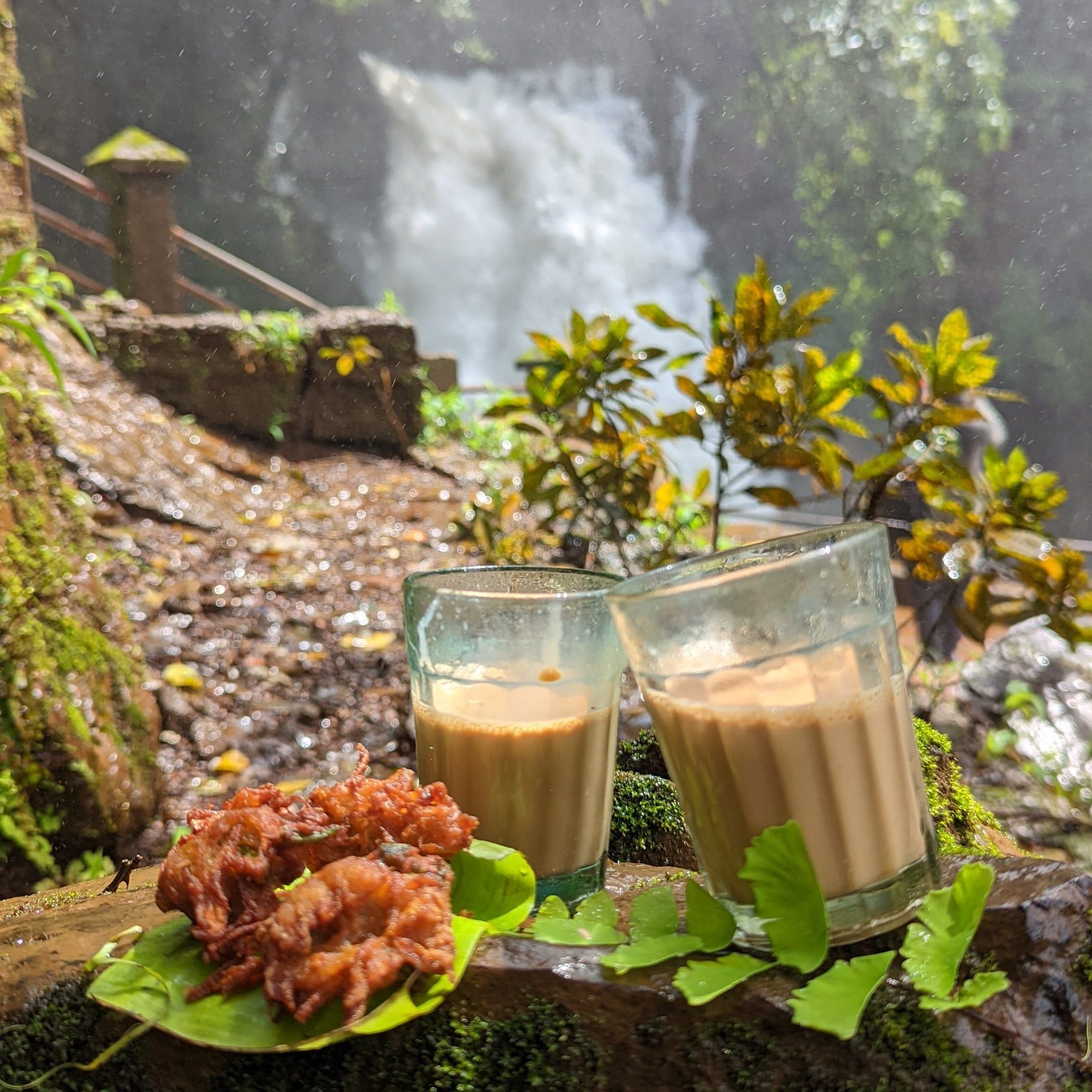 Image of local Goan snacks at a local Goan waterfall during monsoon in Goa