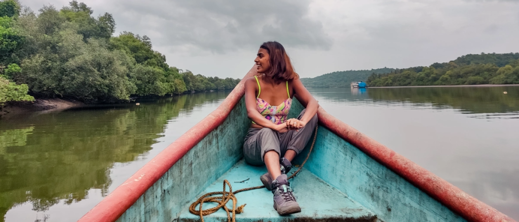 This picture is taken on the beautiful island of Chorao during the bird spotting activity. It is a relaxing boat ride through the backwaters of Goa.