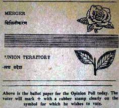 The image shows the ballot paper used to vote for or against Goa's merger with Maharasthra during the Goa Opinion Poll