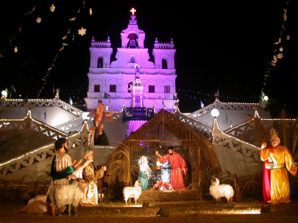 The image shows a life-size crib for Christmas in Goa